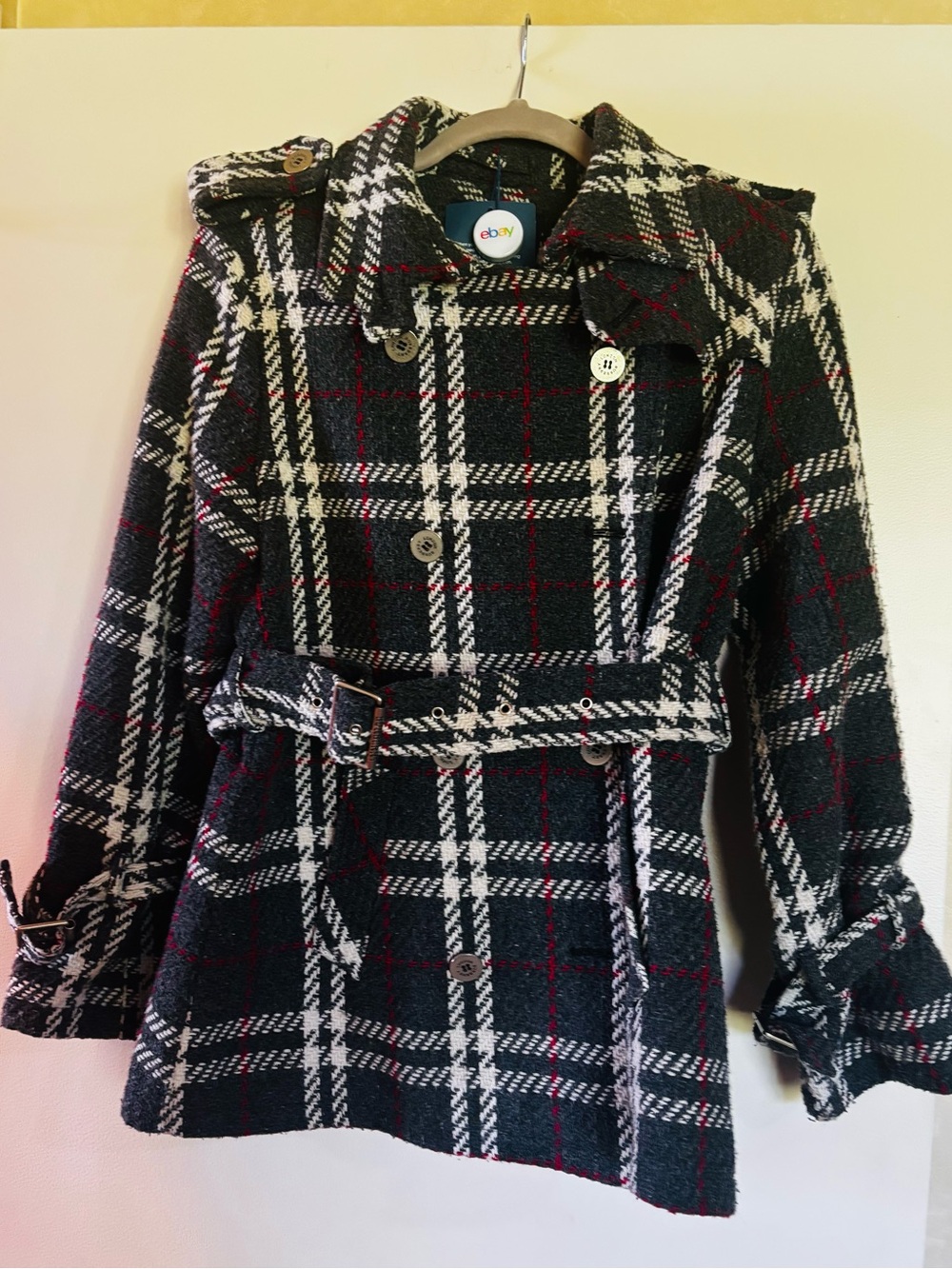 Burberry Plaid Belted Peacoat Jacket - Charcoal/White with Red Accents